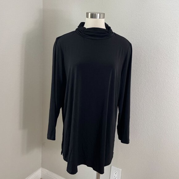 Susan Graver Womens Plus 1X Black Long Sleeve Tunic Top Ruched Mock Neck Shirt - Picture 1 of 12
